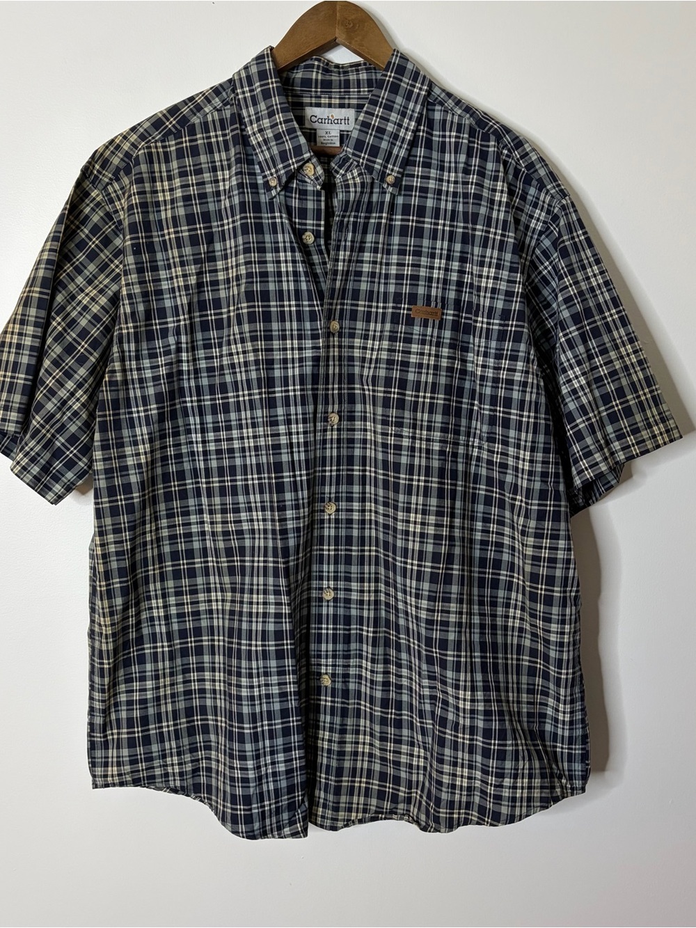 Carhartt Men’s Navy and Cream Plaid Short-Sleeve Button-Up Shirt XL
